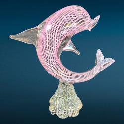 Vintage Italian Murano Art Glass Hand Blown Pink Striped Dolphin Figurine Statue