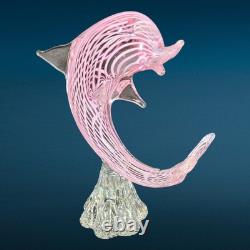 Vintage Italian Murano Art Glass Hand Blown Pink Striped Dolphin Figurine Statue