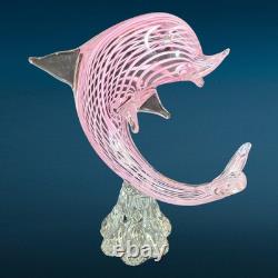 Vintage Italian Murano Art Glass Hand Blown Pink Striped Dolphin Figurine Statue
