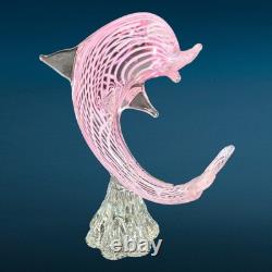 Vintage Italian Murano Art Glass Hand Blown Pink Striped Dolphin Figurine Statue