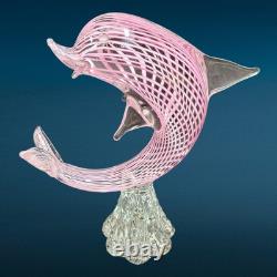 Vintage Italian Murano Art Glass Hand Blown Pink Striped Dolphin Figurine Statue