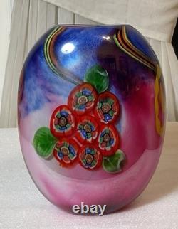 Vintage Italian Murano Blue Pink Colorful Hand Blown Heavy Art Glass Vase 9.25