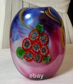 Vintage Italian Murano Blue Pink Colorful Hand Blown Heavy Art Glass Vase 9.25