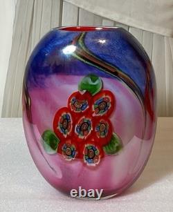 Vintage Italian Murano Blue Pink Colorful Hand Blown Heavy Art Glass Vase 9.25