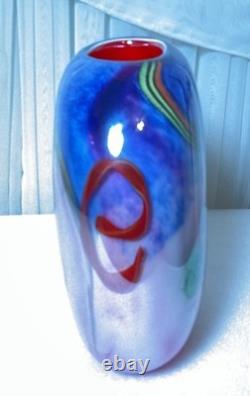 Vintage Italian Murano Blue Pink Colorful Hand Blown Heavy Art Glass Vase 9.25