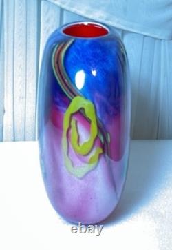 Vintage Italian Murano Blue Pink Colorful Hand Blown Heavy Art Glass Vase 9.25