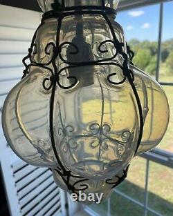 Vintage Italian Murano Caged Glass Hanging Pendant Lamp 12.5