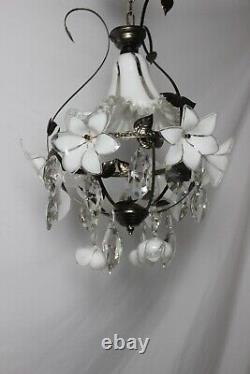 Vintage Italian Murano Hand Blown Glass Flowers & Crystal Chandelier