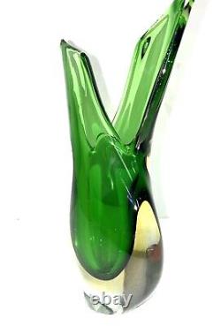 Vintage Italian Murano Sommerso Hand Blown ART Glass Fish Tail Green Vase 44PX