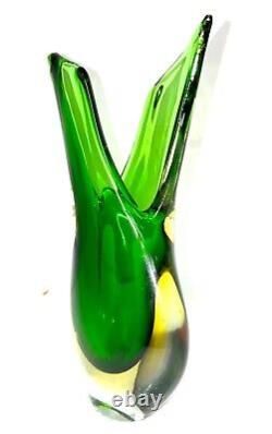 Vintage Italian Murano Sommerso Hand Blown ART Glass Fish Tail Green Vase 44PX