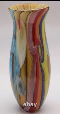 Vintage LG Vibrant Hand Blown Murano Millefiori Swirl Art Glass Vase 15.25H