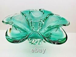 Vintage Large Hand Blown Murano Green & Clear Pedestal Bowl 13 x 6.5