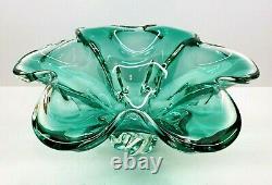 Vintage Large Hand Blown Murano Green & Clear Pedestal Bowl 13 x 6.5
