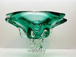 Vintage Large Hand Blown Murano Green & Clear Pedestal Bowl 13 x 6.5