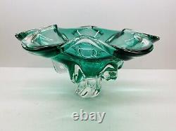 Vintage Large Hand Blown Murano Green & Clear Pedestal Bowl 13 x 6.5