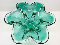 Vintage Large Hand Blown Murano Green & Clear Pedestal Bowl 13 x 6.5