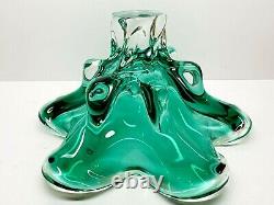 Vintage Large Hand Blown Murano Green & Clear Pedestal Bowl 13 x 6.5