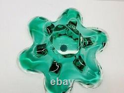 Vintage Large Hand Blown Murano Green & Clear Pedestal Bowl 13 x 6.5