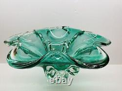 Vintage Large Hand Blown Murano Green & Clear Pedestal Bowl 13 x 6.5