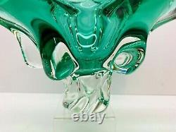 Vintage Large Hand Blown Murano Green & Clear Pedestal Bowl 13 x 6.5