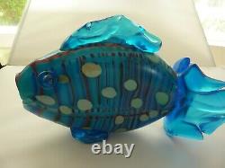 Vintage Large Multi-colored Iridescent Blue Murano Glass Koi Fish Sculpture