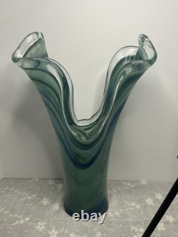 Vintage Large Murano Blue And Green Hand Blown Made In Italy Art Vase