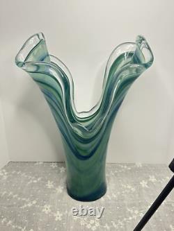 Vintage Large Murano Blue And Green Hand Blown Made In Italy Art Vase