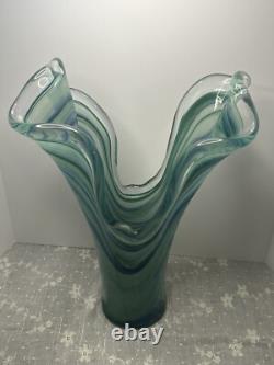 Vintage Large Murano Blue And Green Hand Blown Made In Italy Art Vase