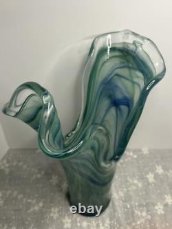 Vintage Large Murano Blue And Green Hand Blown Made In Italy Art Vase
