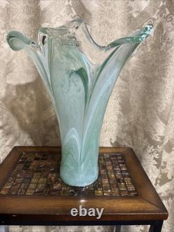 Vintage Large Murano Blue And Green Hand Blown Made In Italy Art Vase