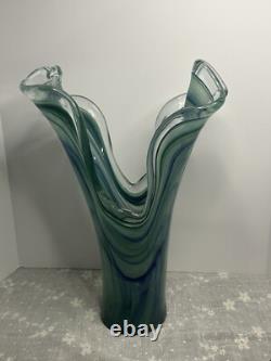 Vintage Large Murano Blue And Green Hand Blown Made In Italy Art Vase
