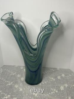 Vintage Large Murano Blue And Green Hand Blown Made In Italy Art Vase