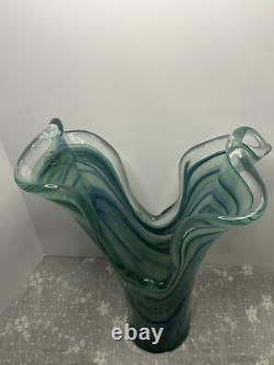 Vintage Large Murano Blue And Green Hand Blown Made In Italy Art Vase