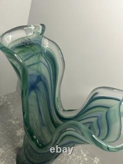 Vintage Large Murano Blue And Green Hand Blown Made In Italy Art Vase