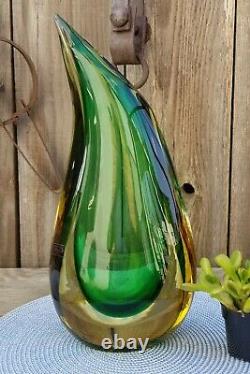 Vintage Large Murano Signed Luigi Onesto Art Glass Teardrop Vase Green Yellow