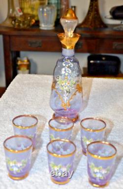 Vintage Lavender Murano Hand Blown Decanter 6 Glasses Venetian Glass Set- Rare