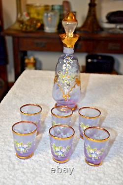 Vintage Lavender Murano Hand Blown Decanter 6 Glasses Venetian Glass Set- Rare