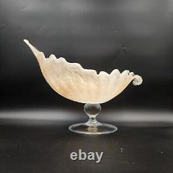 Vintage Lavorazione Arte Murano Bowl Shell Hand Blown Pedestal Cream Iridescent