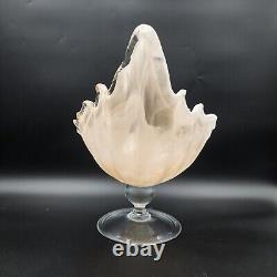 Vintage Lavorazione Arte Murano Bowl Shell Hand Blown Pedestal Cream Iridescent