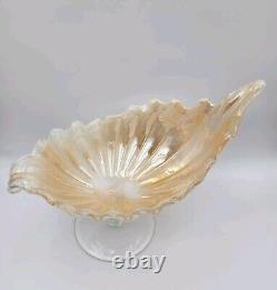 Vintage Lavorazione Arte Murano Bowl Shell Hand Blown Pedestal Cream Iridescent