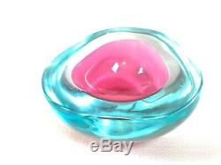 Vintage MCM Blue/Pink Murano Glass Sommerso Flat Cut Geode Bowl Cenedese 1960's