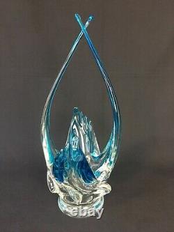 Vintage MCM Chalet Lorraine Blue Stretched Art Glass Vase with Wings 17 Murano