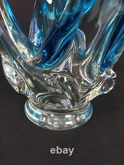 Vintage MCM Chalet Lorraine Blue Stretched Art Glass Vase with Wings 17 Murano