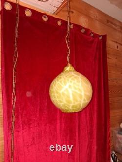 Vintage MCM Hand Blown Lime Murano Style Green Spatter Glass Swag Lamp Rewired