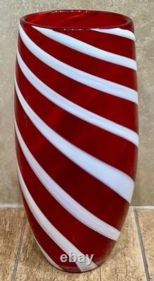 Vintage MCM Hand-Blown Murano Red & White Filigrana Canne Swirl Art Glass Vase