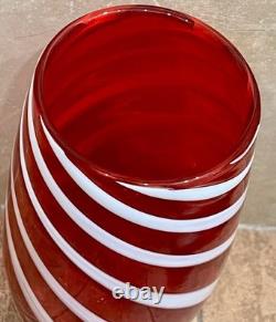 Vintage MCM Hand-Blown Murano Red & White Filigrana Canne Swirl Art Glass Vase
