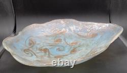 Vintage MCM Murano Glass Bowl Light Blue withGold Swirls 16.5