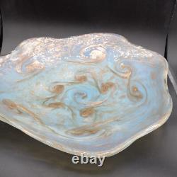 Vintage MCM Murano Glass Bowl Light Blue withGold Swirls 16.5