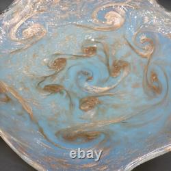 Vintage MCM Murano Glass Bowl Light Blue withGold Swirls 16.5