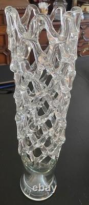 Vintage MCM Murano Lattice Woven Art Glass vase Made in Italy Hand-Blown 20